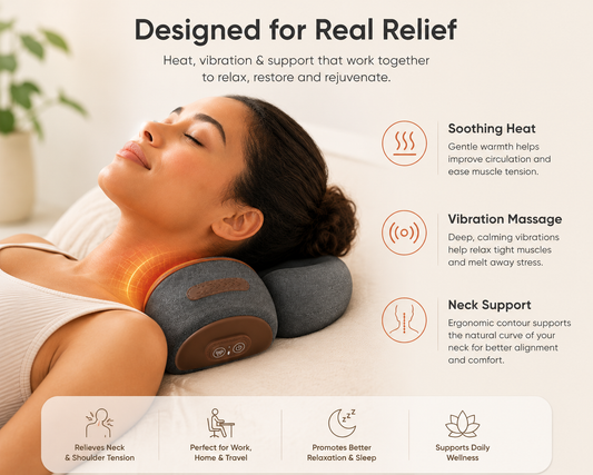 Woman using a neck and shoulder massager with text highlighting its features on a white background.