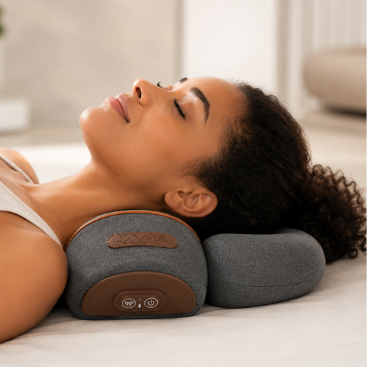 Woman using a neck and shoulder massager in a home setting
