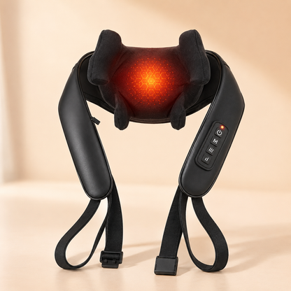 Black neck and shoulder massager with heating element on a beige background