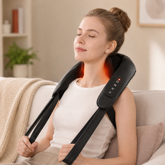 Woman using a neck and shoulder massager in a living room setting