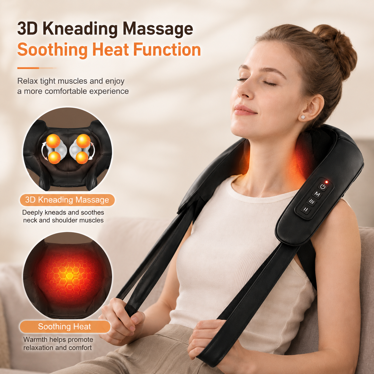 Woman using a 3D kneading massage device with text describing its functions.