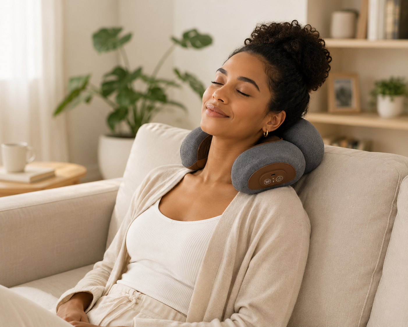 Woman using a neck pillow on a couch in a cozy living room.