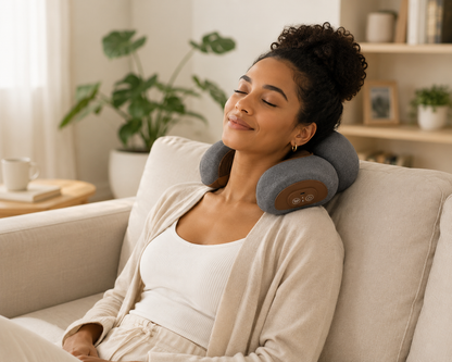 Woman using a neck pillow on a couch in a cozy living room.
