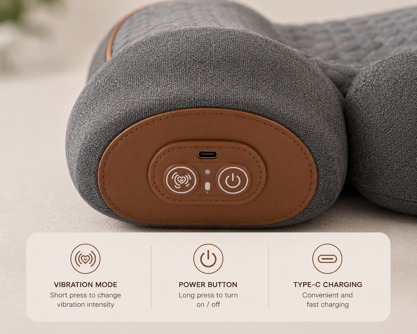 Gray massage pillow with control panel and charging port, labeled icons and text on a white background.