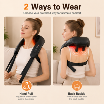 Woman using a neck and shoulder massager with two wearing methods shown.