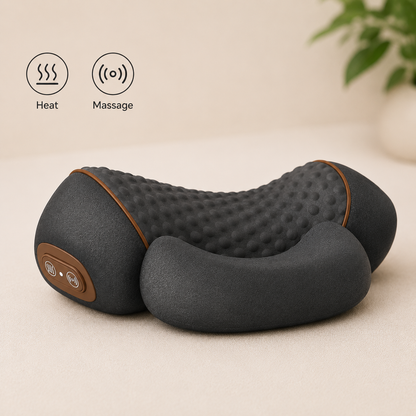 Gray neck massager with heating and massage functions on a beige background