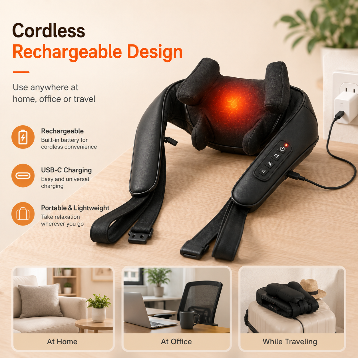 Cordless rechargeable neck and shoulder massager on a wooden surface with text highlighting features and usage scenarios.