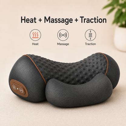 Gray massage pillow with control buttons on a beige background, featuring text 'Heat + Massage + Traction'.