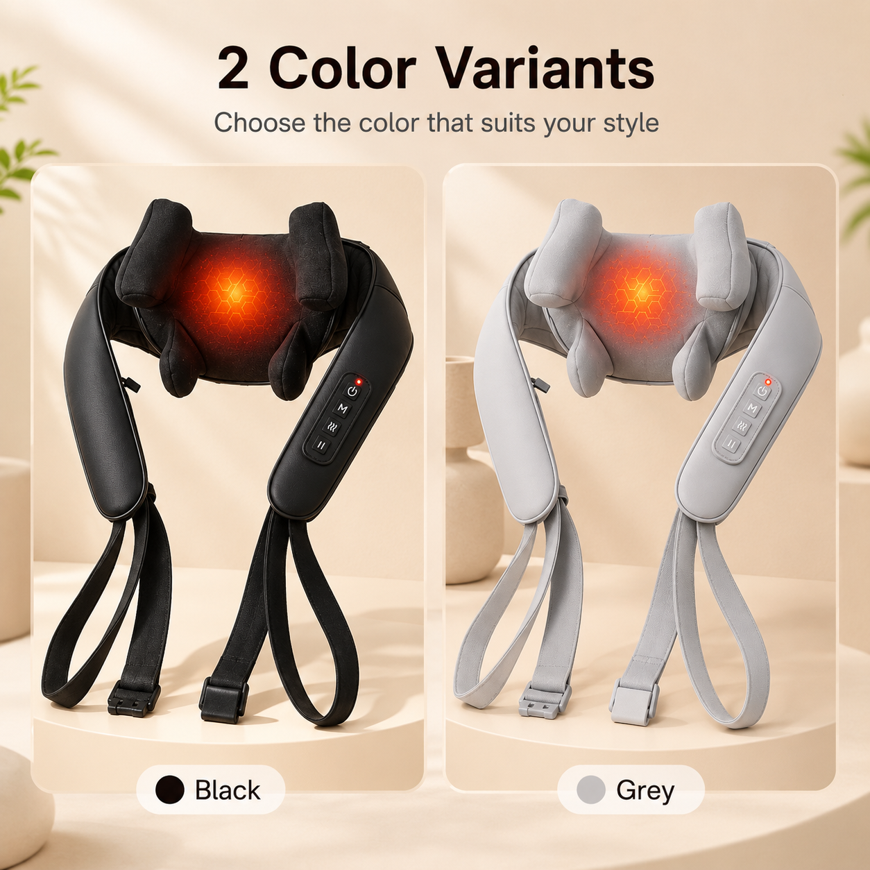 Black and gray neck massagers with heating elements on a neutral background