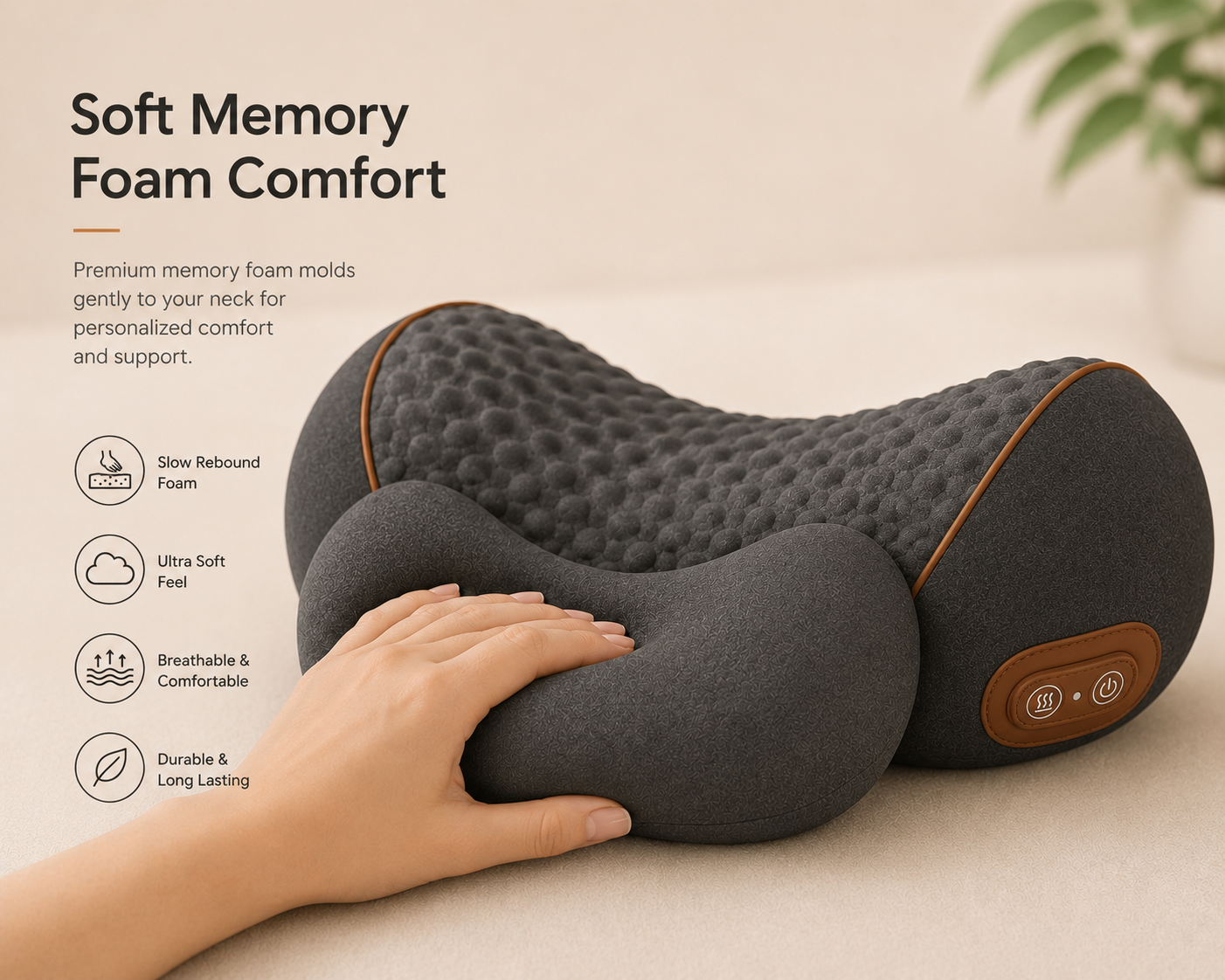 Gray memory foam pillow with brown accents, held by a hand, on a beige background with text about comfort features.