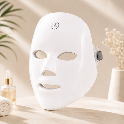White LED face mask on a neutral background with decorative elements
