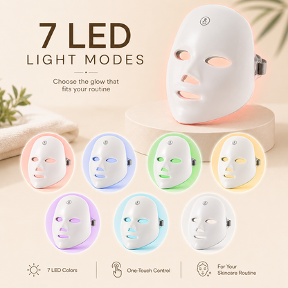 LED face mask with 7 light modes on a beige background