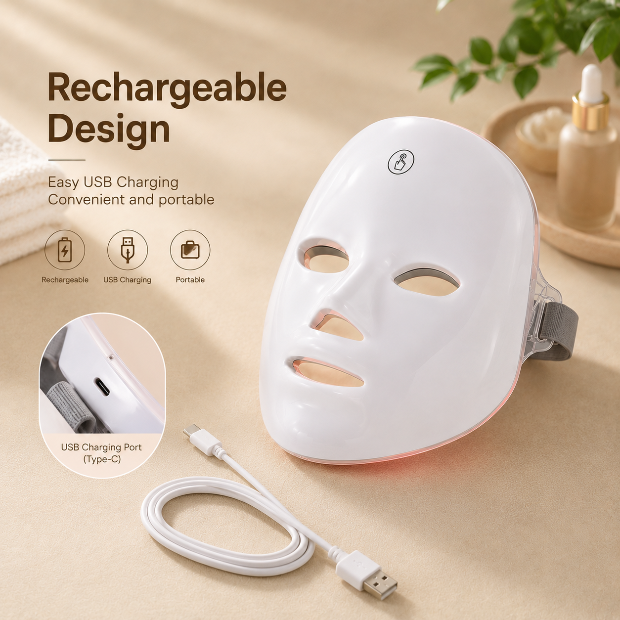 White LED face mask with USB cable on a beige background