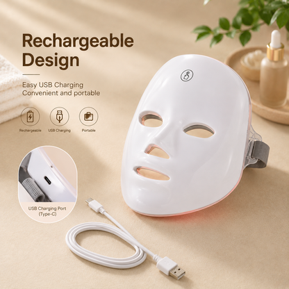 White LED face mask with USB cable on a beige background