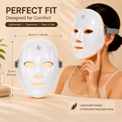 Woman wearing a LED face mask with product details on a beige background